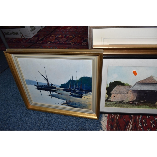 860 - A QUANTITY OF PICTURES AND PRINTS ETC, to include an oil on board depicting boats at low tide signed... 