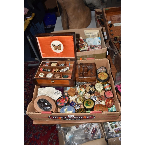 863 - TWO BOXES OF SEWING RELATED ITEMS AND TRINKET BOXES, to include a workbox with mother of pearl inlay... 