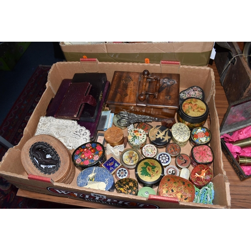 863 - TWO BOXES OF SEWING RELATED ITEMS AND TRINKET BOXES, to include a workbox with mother of pearl inlay... 