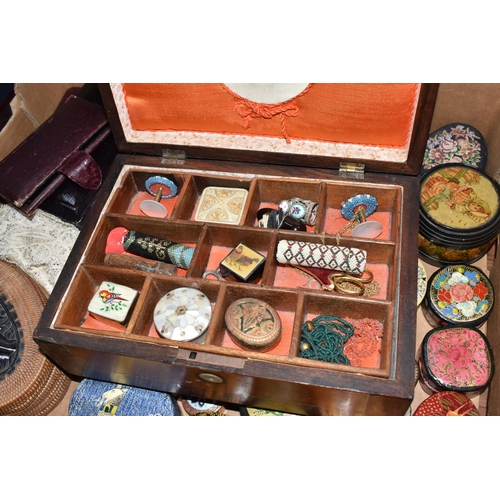 863 - TWO BOXES OF SEWING RELATED ITEMS AND TRINKET BOXES, to include a workbox with mother of pearl inlay... 