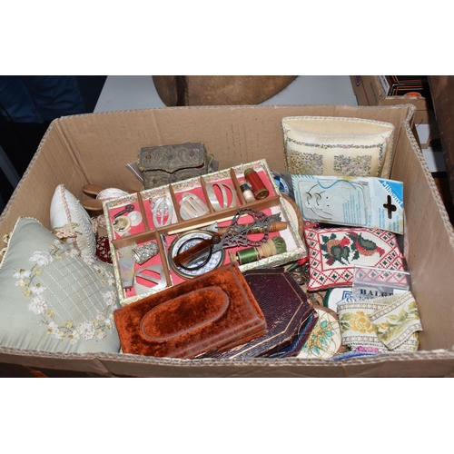 863 - TWO BOXES OF SEWING RELATED ITEMS AND TRINKET BOXES, to include a workbox with mother of pearl inlay... 