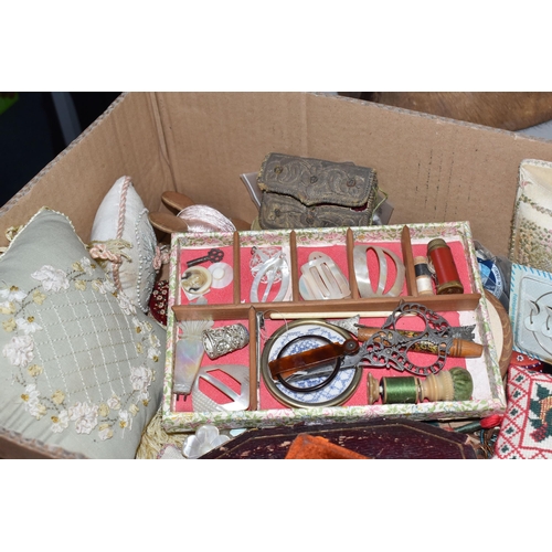 863 - TWO BOXES OF SEWING RELATED ITEMS AND TRINKET BOXES, to include a workbox with mother of pearl inlay... 