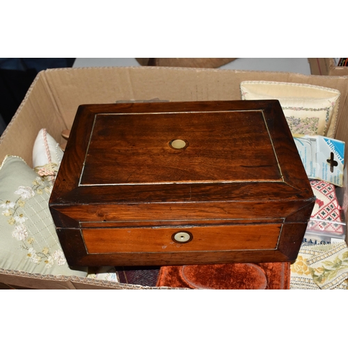 863 - TWO BOXES OF SEWING RELATED ITEMS AND TRINKET BOXES, to include a workbox with mother of pearl inlay... 