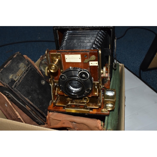 865 - TWO BOXES OF PHOTOGRAPHIC EQUIPMENT AND VINTAGE AIRCRAFT PHOTOGRAPHS, to include a The Sanderson Reg... 