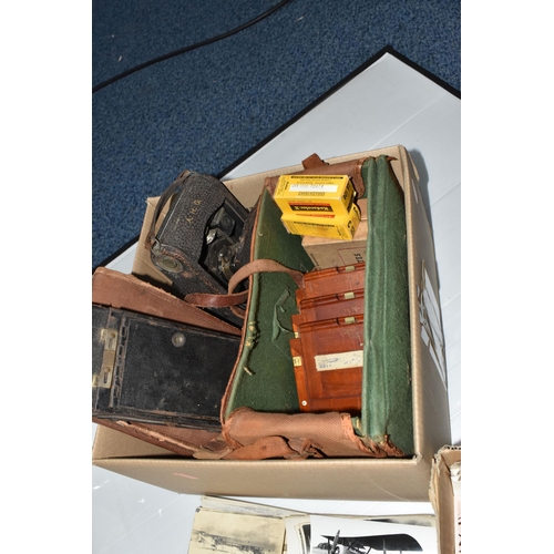 865 - TWO BOXES OF PHOTOGRAPHIC EQUIPMENT AND VINTAGE AIRCRAFT PHOTOGRAPHS, to include a The Sanderson Reg... 