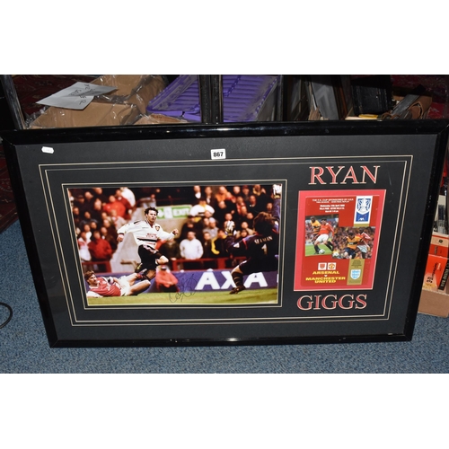 867 - FRAMED FOOTBALL MEMORABILIA OF RYAN GIGGS, a framed photograph of Ryan Giggs with black autograph, f... 