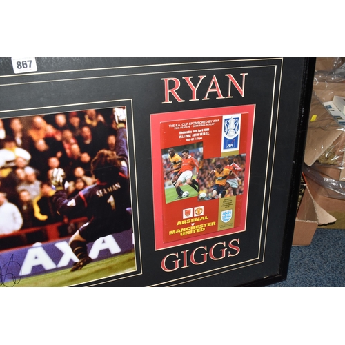 867 - FRAMED FOOTBALL MEMORABILIA OF RYAN GIGGS, a framed photograph of Ryan Giggs with black autograph, f... 