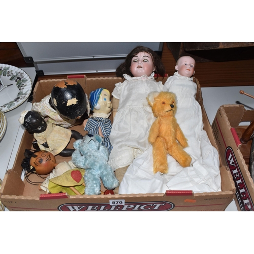 870 - ONE BOX OF VINTAGE DOLLS AND PUPPETS, to include a mid-century Chad Valley Andy Pandy hand puppet, a... 