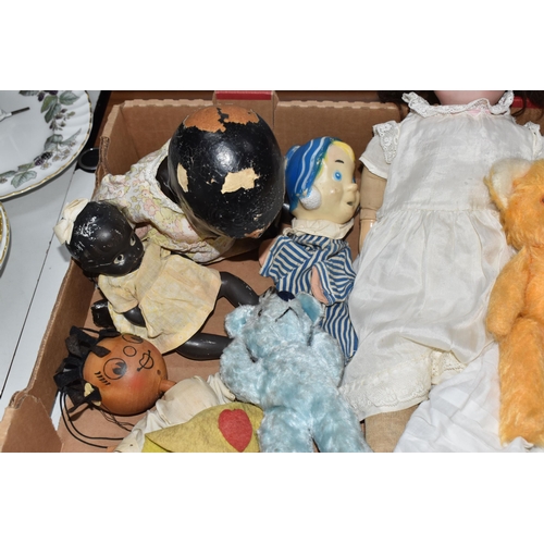 870 - ONE BOX OF VINTAGE DOLLS AND PUPPETS, to include a mid-century Chad Valley Andy Pandy hand puppet, a... 