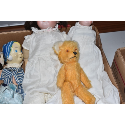 870 - ONE BOX OF VINTAGE DOLLS AND PUPPETS, to include a mid-century Chad Valley Andy Pandy hand puppet, a... 