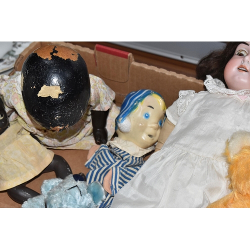 870 - ONE BOX OF VINTAGE DOLLS AND PUPPETS, to include a mid-century Chad Valley Andy Pandy hand puppet, a... 