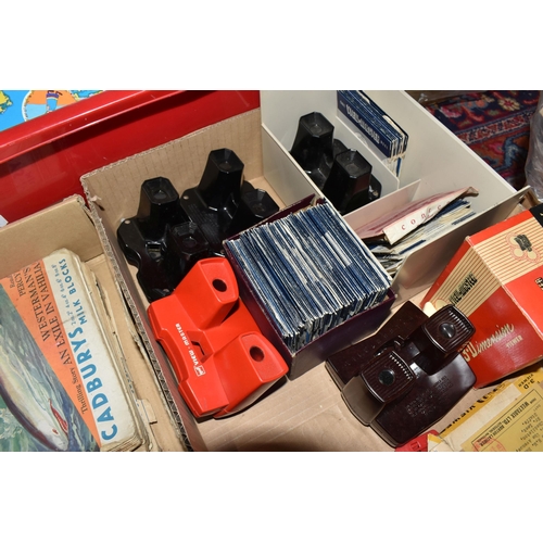 872 - THREE BOXES OF VINTAGE BOOKS, COMICS, AND VIEW MASTER ITEMS, to include three Sawyers View Master vi... 