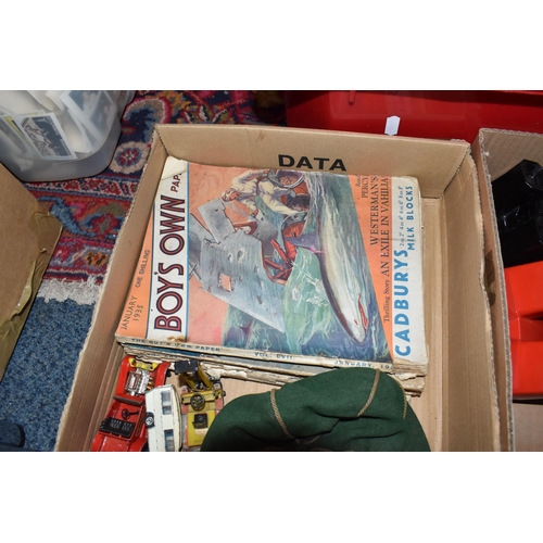 872 - THREE BOXES OF VINTAGE BOOKS, COMICS, AND VIEW MASTER ITEMS, to include three Sawyers View Master vi... 