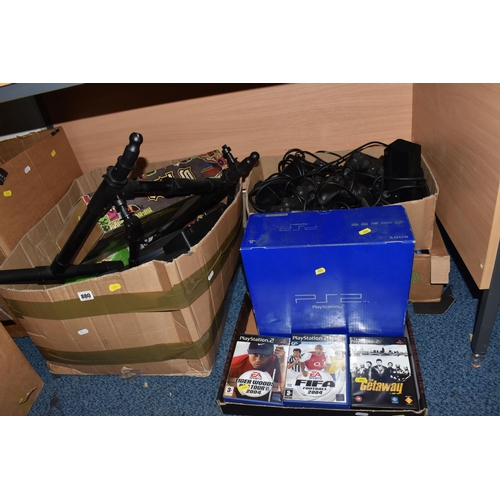 880 - FIVE BOXES OF VIDEO GAMES AND CONSOLES, includes a PS2 (boxed), 2 PS3s, an Xbox One and over fifty g... 