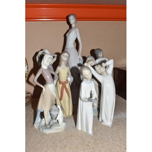 885 - A GROUP OF LLADRO FIGURES, comprising figurine 'Cocktail Party' 6655 height 42cm, 'Coy' girl with ha... 