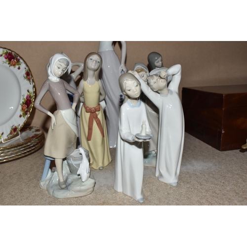 885 - A GROUP OF LLADRO FIGURES, comprising figurine 'Cocktail Party' 6655 height 42cm, 'Coy' girl with ha... 