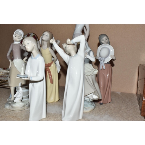 885 - A GROUP OF LLADRO FIGURES, comprising figurine 'Cocktail Party' 6655 height 42cm, 'Coy' girl with ha... 