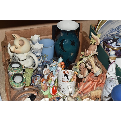 888 - THREE BOXES OF MISCELLANEOUS CERAMICS, to include hand painted vintage fireplace tiles, oriental gin... 