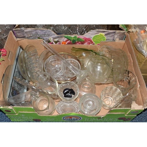 892 - FIVE BOXES OF MISCELLANEOUS GLASSWARE, to include glass fruit bowls, vases, pedestal cake stand, var... 