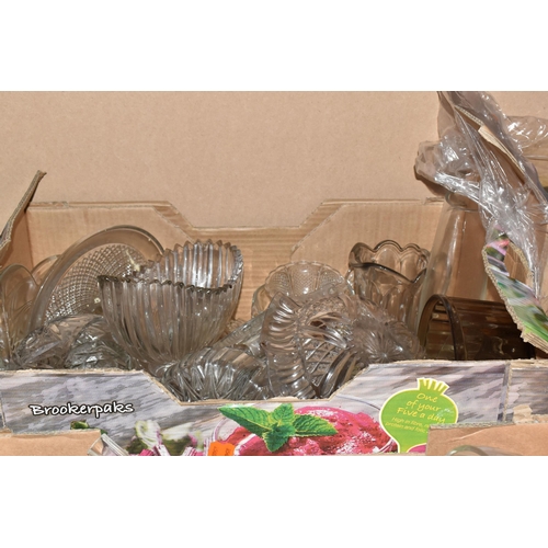 892 - FIVE BOXES OF MISCELLANEOUS GLASSWARE, to include glass fruit bowls, vases, pedestal cake stand, var... 