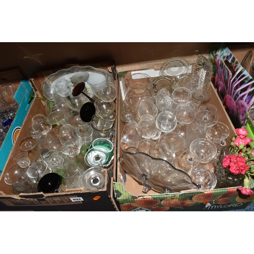 892 - FIVE BOXES OF MISCELLANEOUS GLASSWARE, to include glass fruit bowls, vases, pedestal cake stand, var... 