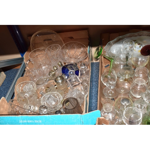 892 - FIVE BOXES OF MISCELLANEOUS GLASSWARE, to include glass fruit bowls, vases, pedestal cake stand, var... 