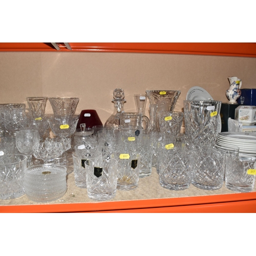 897 - A QUANTITY OF CUT GLASS WARES ETC, to include Edinburgh Crystal whiskey tumblers, unbranded whiskey ... 