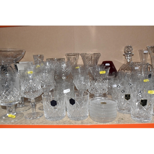 897 - A QUANTITY OF CUT GLASS WARES ETC, to include Edinburgh Crystal whiskey tumblers, unbranded whiskey ... 