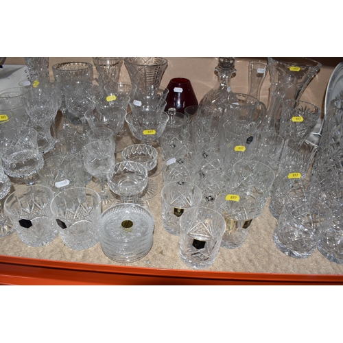 897 - A QUANTITY OF CUT GLASS WARES ETC, to include Edinburgh Crystal whiskey tumblers, unbranded whiskey ... 