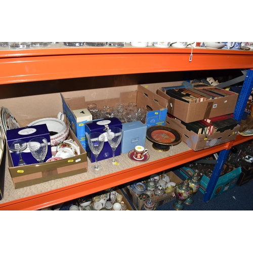 898 - FOUR BOXES AND LOOSE CERAMICS, GLASS AND BOOKS ETC, to include boxed Royal Doulton wine glasses, box... 