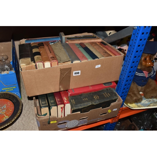 898 - FOUR BOXES AND LOOSE CERAMICS, GLASS AND BOOKS ETC, to include boxed Royal Doulton wine glasses, box... 