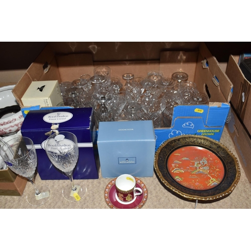 898 - FOUR BOXES AND LOOSE CERAMICS, GLASS AND BOOKS ETC, to include boxed Royal Doulton wine glasses, box... 