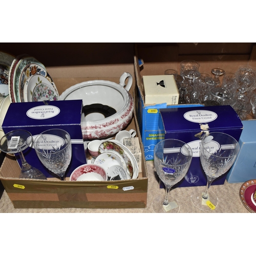 898 - FOUR BOXES AND LOOSE CERAMICS, GLASS AND BOOKS ETC, to include boxed Royal Doulton wine glasses, box... 