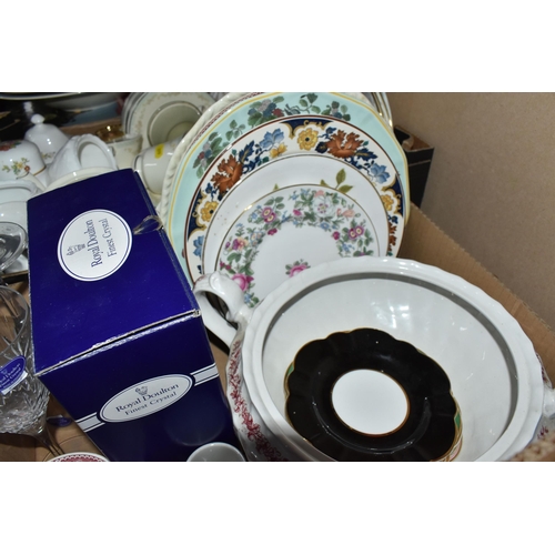 898 - FOUR BOXES AND LOOSE CERAMICS, GLASS AND BOOKS ETC, to include boxed Royal Doulton wine glasses, box... 