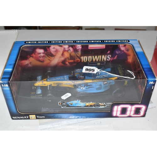 905 - A BOXED MATTEL HOTWHEELS RACING 1/18 SCALE LIMITED EDITION RENAULT R25 F1 CAR, ALONSO, RENAULT 100TH... 