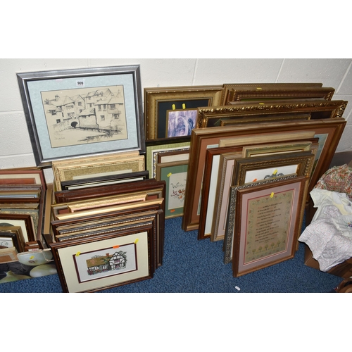 909 - A LARGE QUANTITY OF PICTURES AND PRINTS ETC, most of the pictures are late 20th century needlework p... 