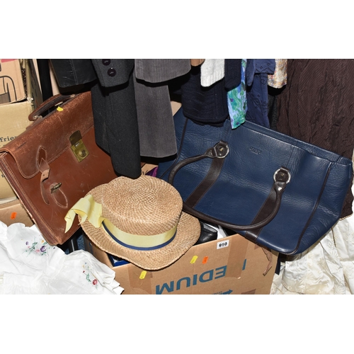 910 - FIVE BOXES AND LOOSE ASSORTED VINTAGE CLOTHING AND ACCESSORIES, men's and ladies' comprising a  hand... 