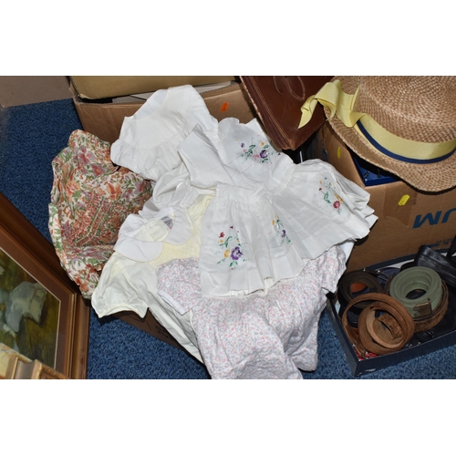 910 - FIVE BOXES AND LOOSE ASSORTED VINTAGE CLOTHING AND ACCESSORIES, men's and ladies' comprising a  hand... 