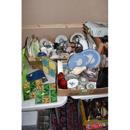 913 - TWO BOXES OF CERAMICS, VINTAGE TILES AND ORNAMENTS, to include four Arts & Crafts decorative ceramic... 