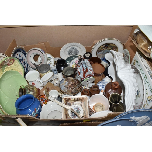 913 - TWO BOXES OF CERAMICS, VINTAGE TILES AND ORNAMENTS, to include four Arts & Crafts decorative ceramic... 