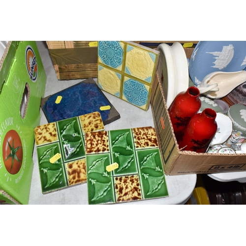 913 - TWO BOXES OF CERAMICS, VINTAGE TILES AND ORNAMENTS, to include four Arts & Crafts decorative ceramic... 