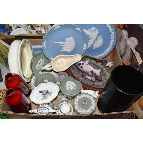 913 - TWO BOXES OF CERAMICS, VINTAGE TILES AND ORNAMENTS, to include four Arts & Crafts decorative ceramic... 