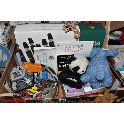 915 - TWO BOXES AND LOOSE TOYS, DOLLS AND VINTAGE GAMES, to include a collection of Britains plastic farm ... 