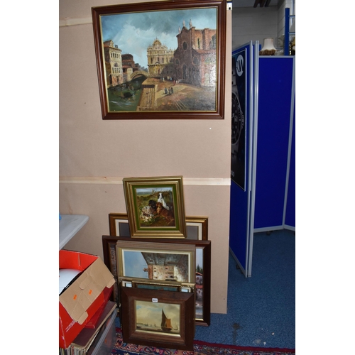 917 - A SMALL QUANTITY OF FRAMED  PICTURES, mostly late 20th century, comprising a Venetian scene signed M... 