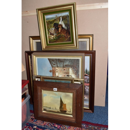 917 - A SMALL QUANTITY OF FRAMED  PICTURES, mostly late 20th century, comprising a Venetian scene signed M... 