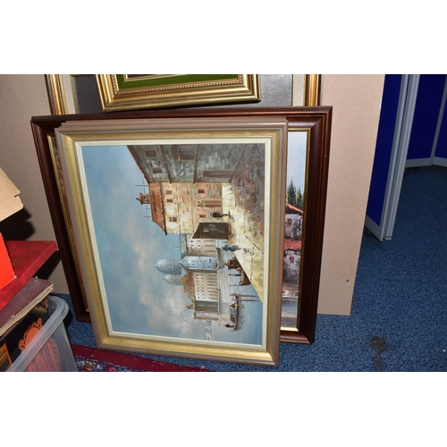 917 - A SMALL QUANTITY OF FRAMED  PICTURES, mostly late 20th century, comprising a Venetian scene signed M... 