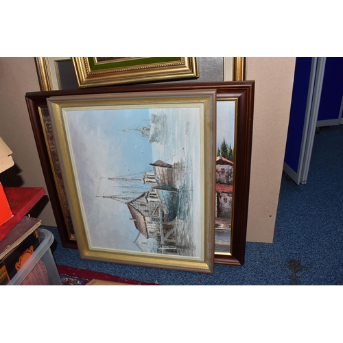 917 - A SMALL QUANTITY OF FRAMED  PICTURES, mostly late 20th century, comprising a Venetian scene signed M... 