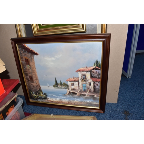 917 - A SMALL QUANTITY OF FRAMED  PICTURES, mostly late 20th century, comprising a Venetian scene signed M... 