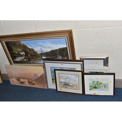 921 - A SMALL QUANTITY OF DECORATIVE PAINTINGS AND PRINTS, to include a Gordon Allen Estuary landscape wit... 