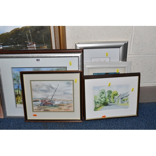 921 - A SMALL QUANTITY OF DECORATIVE PAINTINGS AND PRINTS, to include a Gordon Allen Estuary landscape wit... 